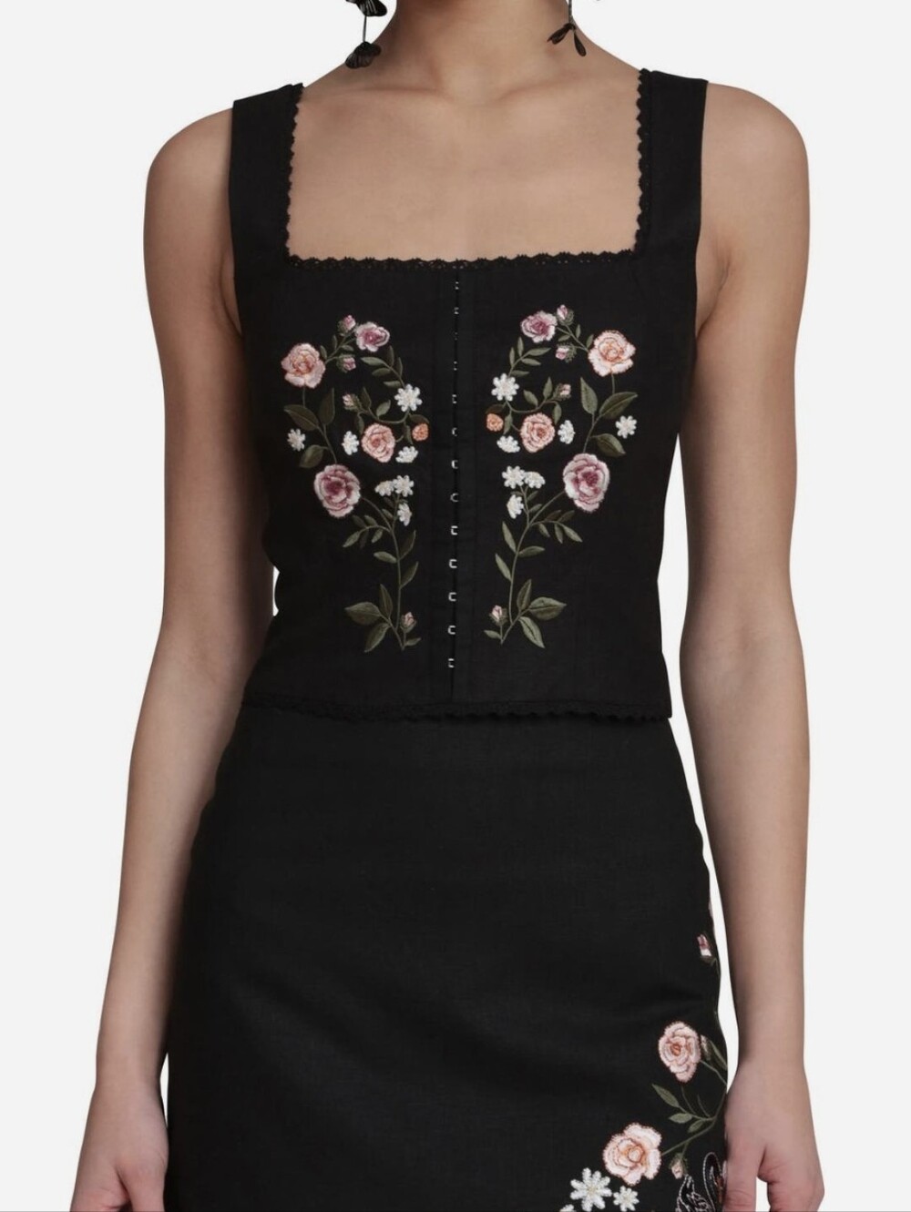 Avec Les Filles Embroidered Corset Tank Top Black Floral Square Neck